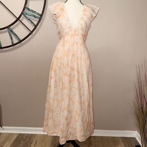 Mon Renn Daze Floral Print Maxi Dress Size 4 NWT Ivory & Peach Ruffle Sleeve